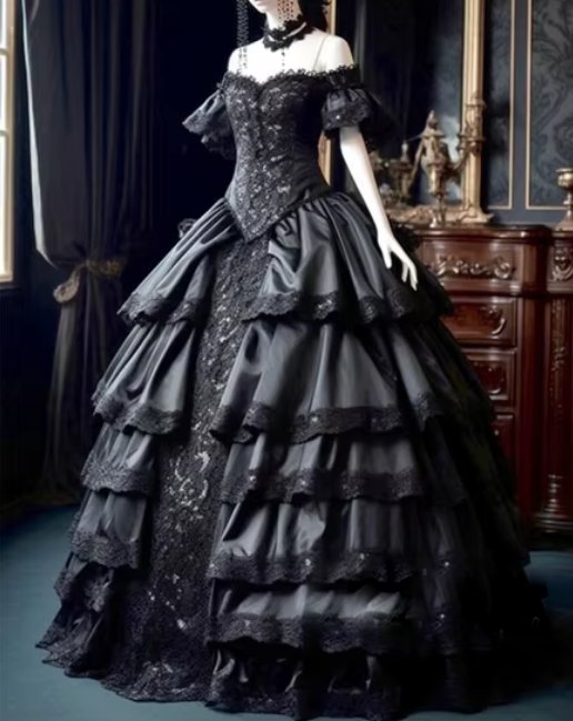 Gotik Style A Linie Brautkleid in Schwarz mit Spitze und Raffungen Schulterfrei