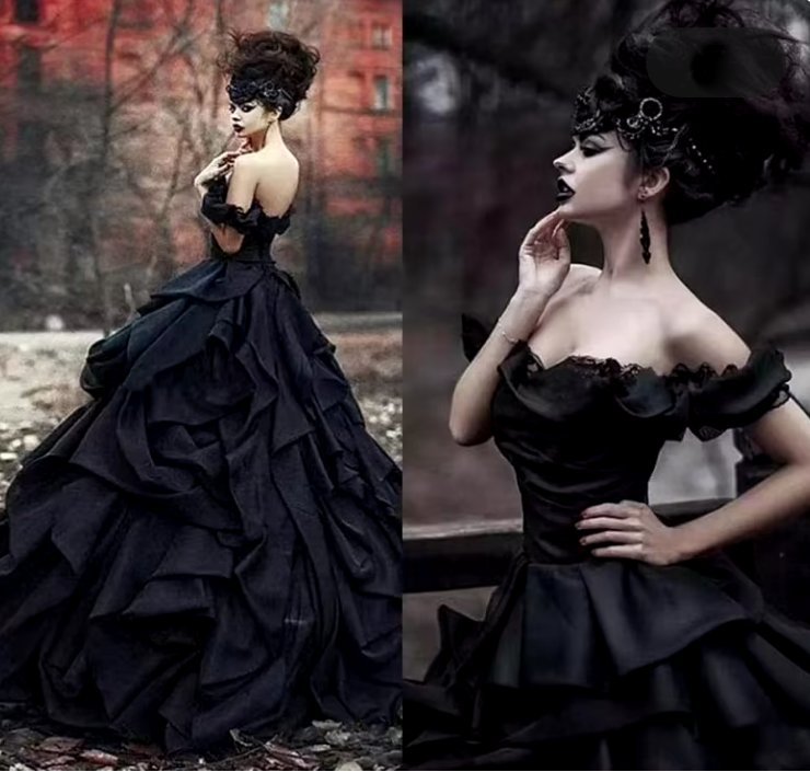 Gothic Style A Linie Brautkleid Carmina in Schwarz Schulterfrei mit Spitze in Schwarz