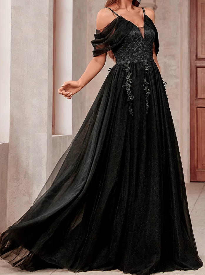 A Linie Spaghettiträger Chiffon Brautmutterkleid mit Spitze in Schwarz