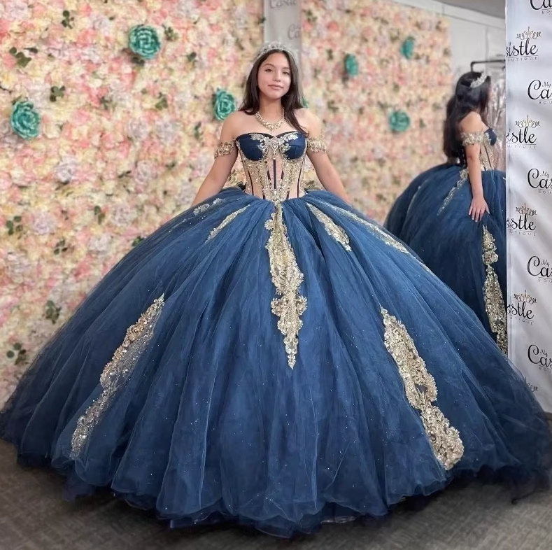  Ball Linie Prinzessin Schulterfreies Brautkleid Celestine in Blau mit Goldene Spitze