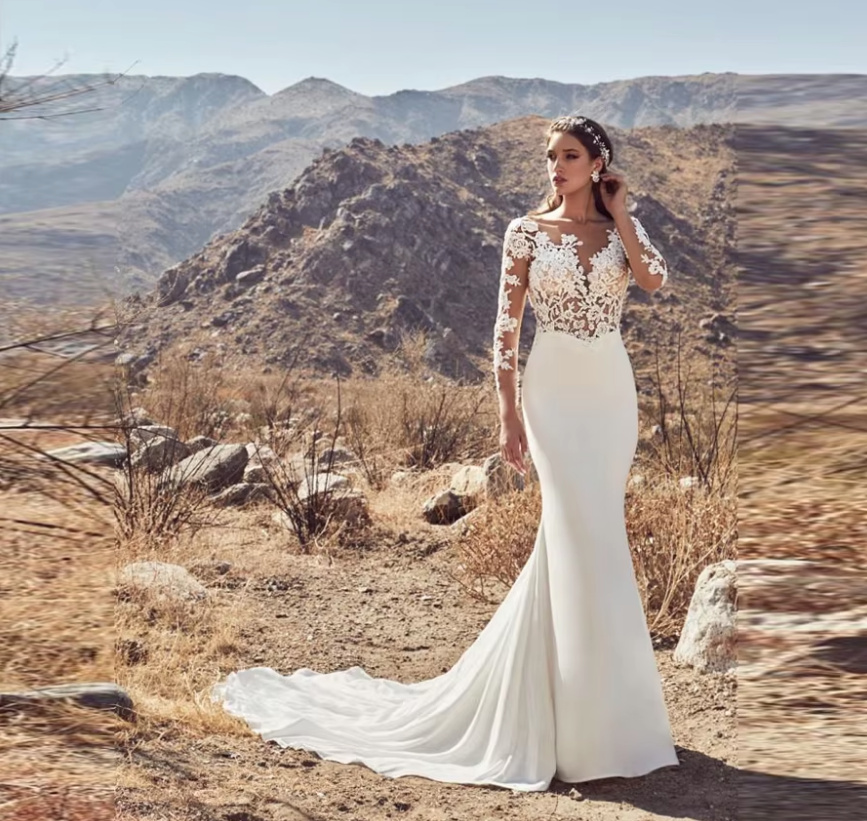  Langarm Meerjungfrau Brautkleid Davide mit Tattoo Spitze Schleppe und Sexy Rückenausschnitt 