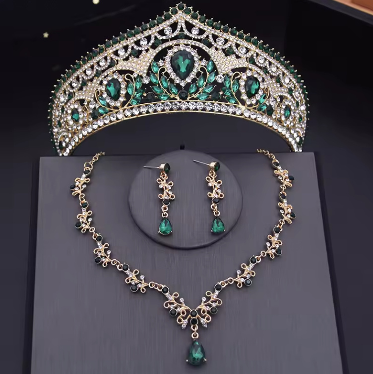 Brautschmuck Set Evelyn Tiara Halskette und Ohrringe im Set Gold Grün