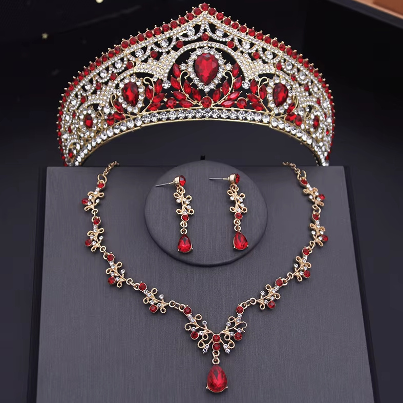 Brautschmuck Set Evelyn Tiara Halskette und Ohrringe im Set Gold Rot