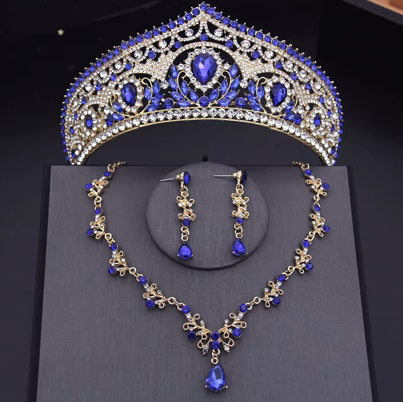 Brautschmuck Set Evelyn Tiara Halskette und Ohrringe im Set Gold Blau