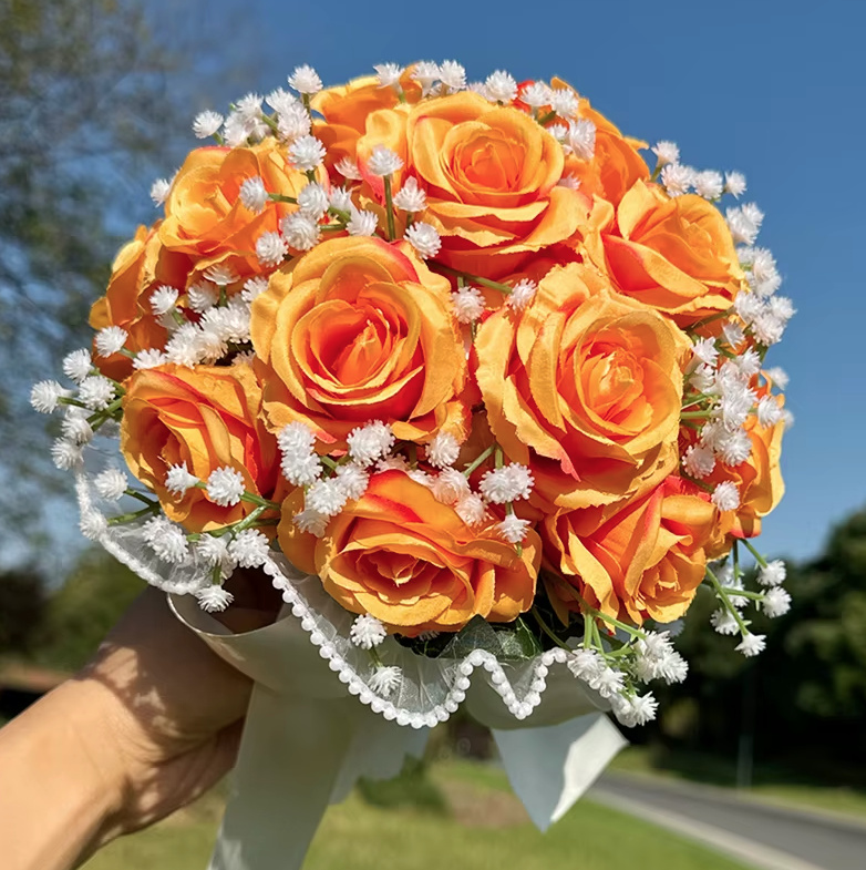 Braut Blumenstrauß Evita Rund in Orange mit Rosen