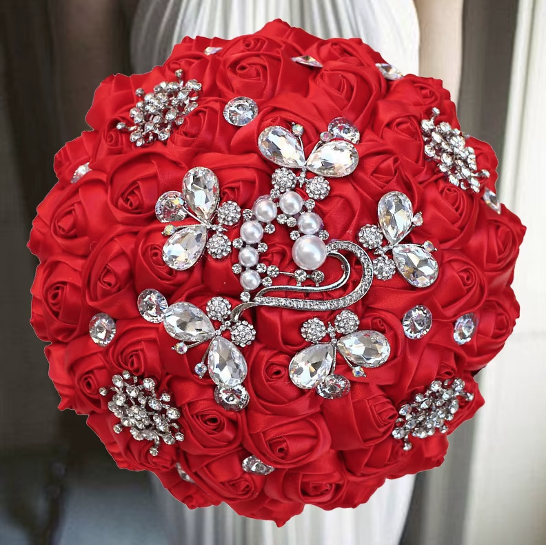 Diamant Kristall Hochzeit Bouquet Brautstrauß in Rot Rund