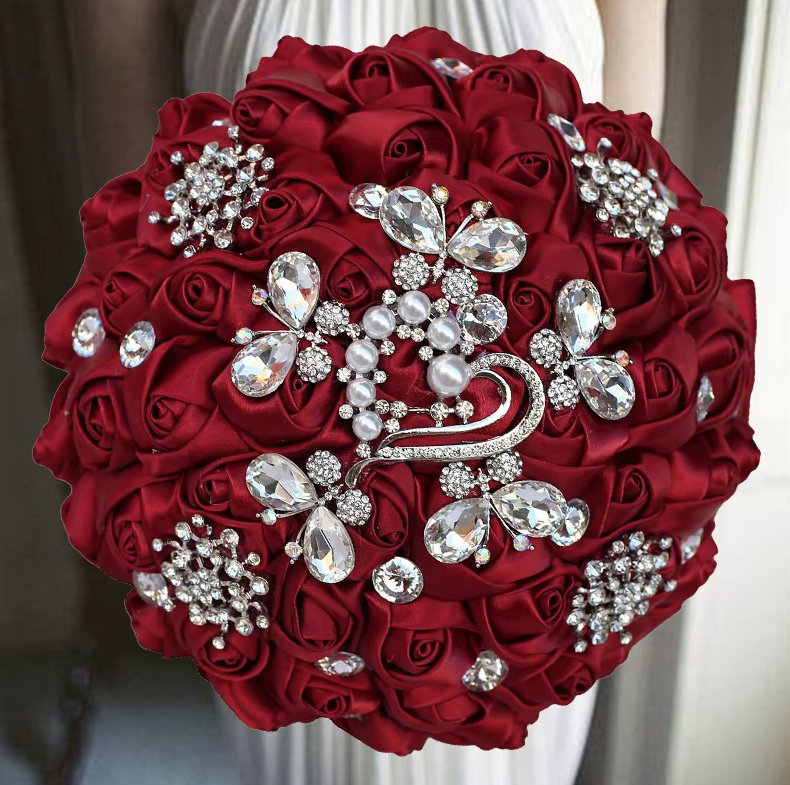 Diamant Kristall Hochzeit Bouquet Brautstrauß in Dunkelrot Rund