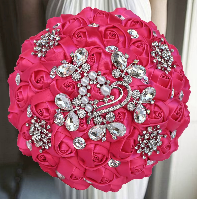 Diamant Kristall Hochzeit Bouquet Brautstrauß in Pink Rund